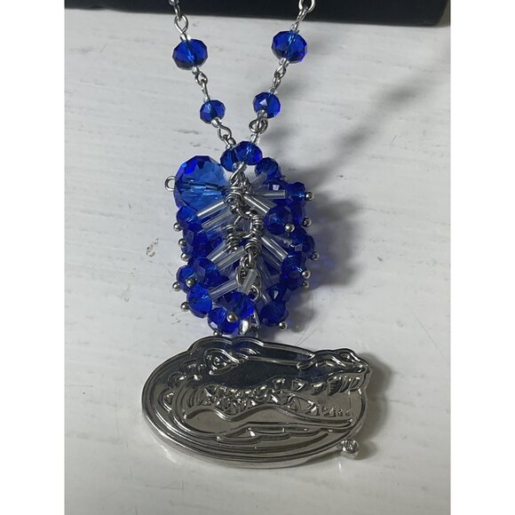 Silver & Blue Crystal Beaded Necklace With Alligator Pendant - Picture 3 of 3